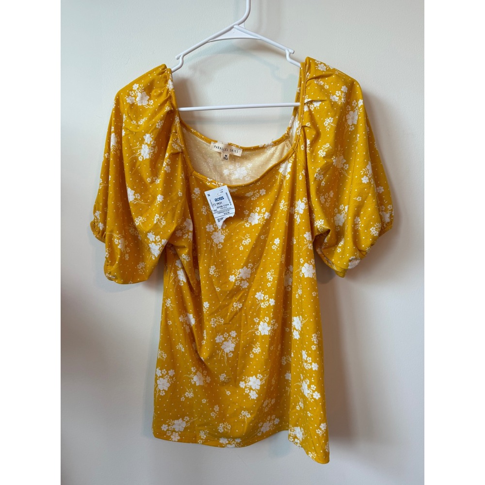 Parallel Skies Mustard Yellow Floral Polka Dot Puff Sleeve Square Neck Top M NWT